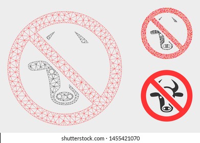 Mesh forbidden cattle model with triangle mosaic icon. Wire frame triangular mesh of forbidden cattle. Vector mosaic of triangle parts in different sizes, and color tinges.