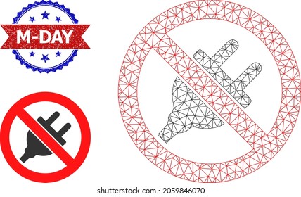 Malla: ilustración de la estructura de cables de suministro eléctrico prohibido y sello de sello de sellado sucio bicolor en el día M. La ilustración de malla de alambre se crea a partir del icono de suministro eléctrico prohibido.