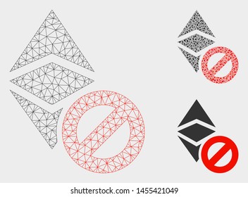 Mesh forbidden Ethereum classic model with triangle mosaic icon. Wire frame triangular network of forbidden Ethereum classic. Vector mosaic of triangle elements in variable sizes, and color tints.