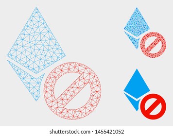 Mesh forbidden Ethereum crystal model with triangle mosaic icon. Wire frame polygonal mesh of forbidden Ethereum crystal. Vector mosaic of triangles in different sizes, and color hues.