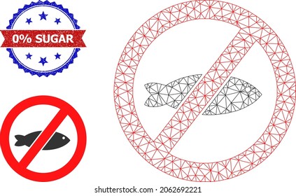 Mesh forbidden fish carcass icon, and bicolor textured 0 percent Sugar watermark. Mesh wireframe illustration is designed with forbidden fish icon.