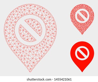 Mesh forbidden marker model with triangle mosaic icon. Wire carcass triangular mesh of forbidden marker. Vector mosaic of triangle parts in different sizes, and color tones.