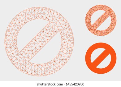 Mesh forbidden model with triangle mosaic icon. Wire carcass triangular mesh of forbidden. Vector mosaic of triangle elements in variable sizes, and color hues. Abstract 2d mesh forbidden,