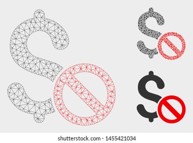 Mesh forbidden payment model with triangle mosaic icon. Wire carcass triangular mesh of forbidden payment. Vector mosaic of triangle parts in various sizes, and color hues.
