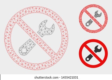 Mesh forbidden repair model with triangle mosaic icon. Wire carcass polygonal mesh of forbidden repair. Vector composition of triangle parts in variable sizes, and color tints.