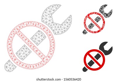 Mesh forbidden repair model with triangle mosaic icon. Wire carcass polygonal mesh of forbidden repair. Vector composition of triangle parts in different sizes, and color tinges.