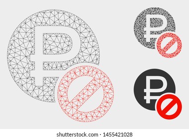 Mesh forbidden rouble model with triangle mosaic icon. Wire frame polygonal mesh of forbidden rouble. Vector mosaic of triangle parts in different sizes, and color tints.
