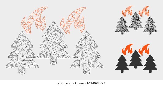 Mesh forest fire disaster model with triangle mosaic icon. Wire carcass triangular mesh of forest fire disaster. Vector composition of triangle parts in various sizes, and color hues.