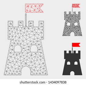 Mesh fortress tower model with triangle mosaic icon. Wire carcass polygonal mesh of fortress tower. Vector mosaic of triangle parts in different sizes, and color hues. Abstract 2d mesh fortress tower,