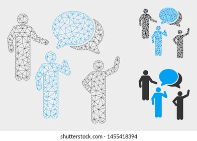 Mesh forum model with triangle mosaic icon. Wire carcass polygonal mesh of forum. Vector composition of triangle parts in various sizes, and color hues. Abstract flat mesh forum,