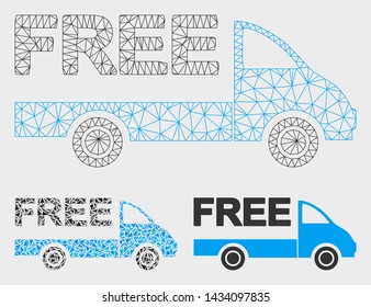 Mesh free delivery car model with triangle mosaic icon. Wire frame triangular mesh of free delivery car. Vector mosaic of triangle parts in various sizes, and color tones.