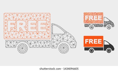 Mesh free delivery model with triangle mosaic icon. Wire frame triangular network of free delivery. Vector collage of triangle parts in different sizes, and color tones.