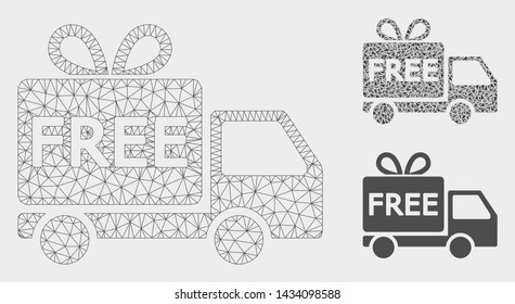 Mesh free delivery model with triangle mosaic icon. Wire frame triangular mesh of free delivery. Vector mosaic of triangle parts in variable sizes, and color tones. Abstract flat mesh free delivery,