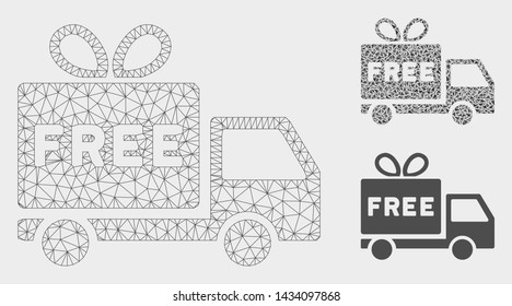 Mesh free shipment model with triangle mosaic icon. Wire frame triangular network of free shipment. Vector mosaic of triangles in different sizes, and color shades. Abstract flat mesh free shipment,