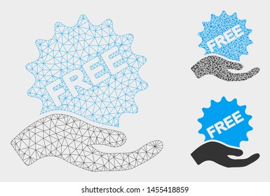 Mesh free sticker hand model with triangle mosaic icon. Wire frame triangular mesh of free sticker hand. Vector mosaic of triangles in various sizes, and color tinges.