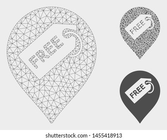 Mesh free tag marker model with triangle mosaic icon. Wire carcass triangular mesh of free tag marker. Vector mosaic of triangle parts in various sizes, and color tones.