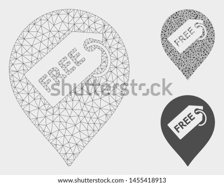 Mesh free tag marker model with triangle mosaic icon. Wire carcass triangular mesh of free tag marker. Vector mosaic of triangle parts in various sizes, and color tones.