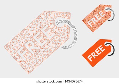 Mesh free tag model with triangle mosaic icon. Wire frame polygonal mesh of free tag. Vector mosaic of triangle parts in variable sizes, and color tinges. Abstract 2d mesh free tag,