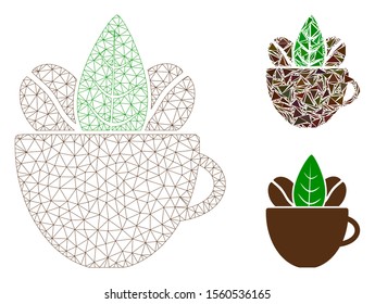 Mesh fresh coffee cup model with triangle mosaic icon. Wire frame triangular mesh of fresh coffee cup. Vector composition of triangle parts in different sizes, and color tones.