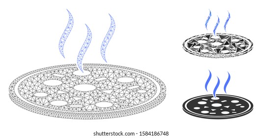 Mesh fresh pizza model with triangle mosaic icon. Wire frame polygonal mesh of fresh pizza. Vector mosaic of triangle elements in various sizes, and color hues. Abstract 2d mesh fresh pizza,