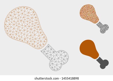 Mesh fried chicken leg model with triangle mosaic icon. Wire frame triangular network of fried chicken leg. Vector mosaic of triangle elements in various sizes, and color hues.