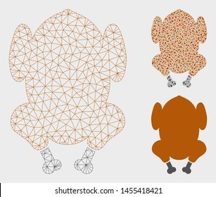 Mesh fried chicken model with triangle mosaic icon. Wire frame polygonal mesh of fried chicken. Vector mosaic of triangle parts in different sizes, and color tints. Abstract 2d mesh fried chicken,