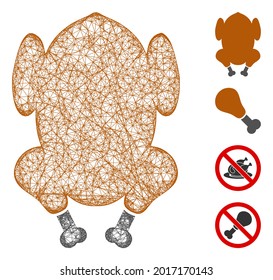 Mesh fried chicken web icon vector illustration. Model is based on fried chicken flat icon. Network forms abstract fried chicken flat model. wireframe flat line network isolated on a white background.