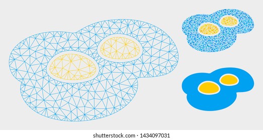 Mesh fried eggs model with triangle mosaic icon. Wire carcass polygonal mesh of fried eggs. Vector collage of triangle elements in different sizes, and color tones. Abstract 2d mesh fried eggs,