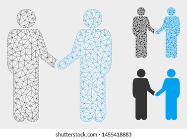 Mesh friends handshake model with triangle mosaic icon. Wire carcass triangular mesh of friends handshake. Vector mosaic of triangle elements in different sizes, and color tones.