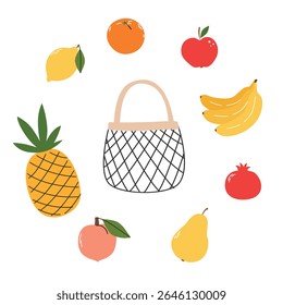 Mesh with fruits. Healthy food in a bag. Shopping for organic products. Say no to plastic. Waste-free consumption and saving the environment. Eco concept. Vector flat illustration