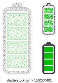 Mesh full battery model with triangle mosaic icon. Wire frame triangular mesh of full battery. Vector mosaic of triangles in variable sizes, and color hues. Abstract flat mesh full battery,