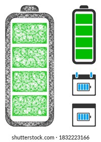Mesh full battery polygonal web 2d vector illustration. Abstraction is based on full battery flat icon. Triangular network forms abstract full battery flat carcass.