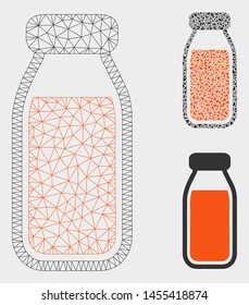 Mesh full bottle model with triangle mosaic icon. Wire frame polygonal mesh of full bottle. Vector mosaic of triangles in variable sizes, and color shades. Abstract 2d mesh full bottle,