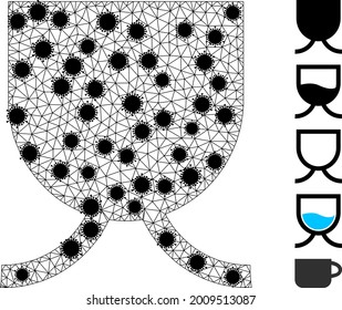 Ilustración vectorial de icono poligonal de malla completa, con elementos de virus negros. El modelo se basa en el icono plano de la taza completa, con elementos de virus y red poligonal. Las formas de redes triangulares abstractas de la carcasa plana de la taza completa.