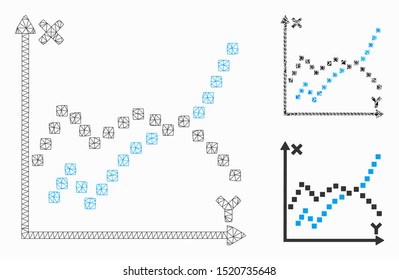 Mesh functions plot model with triangle mosaic icon. Wire carcass polygonal mesh of functions plot. Vector composition of triangle elements in variable sizes, and color tints.
