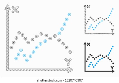 Mesh functions plot model with triangle mosaic icon. Wire carcass polygonal mesh of functions plot. Vector collage of triangle parts in various sizes, and color tinges.