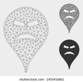 Mesh furious smiley map marker model with triangle mosaic icon. Wire carcass polygonal mesh of furious smiley map marker. Vector mosaic of triangle parts in different sizes, and color tones.
