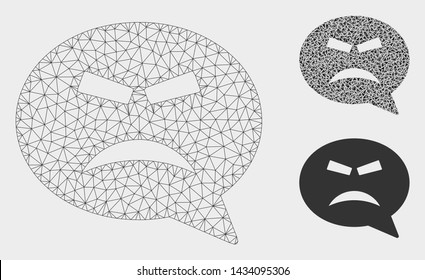 Mesh furious smiley message model with triangle mosaic icon. Wire carcass polygonal mesh of furious smiley message. Vector mosaic of triangles in different sizes, and color tinges.