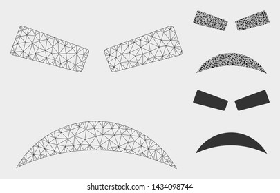 Mesh furious smiley model with triangle mosaic icon. Wire frame triangular mesh of furious smiley. Vector mosaic of triangle parts in various sizes, and color tinges.