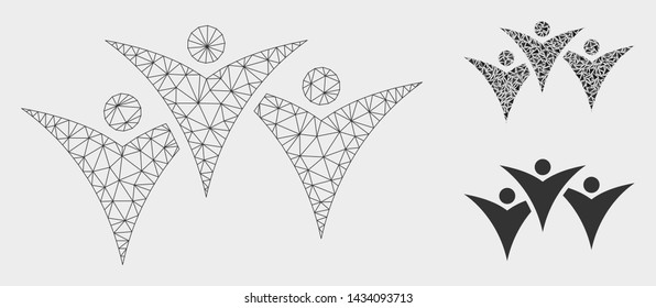 Mesh future people group model with triangle mosaic icon. Wire frame triangular mesh of future people group. Vector mosaic of triangle elements in variable sizes, and color hues.