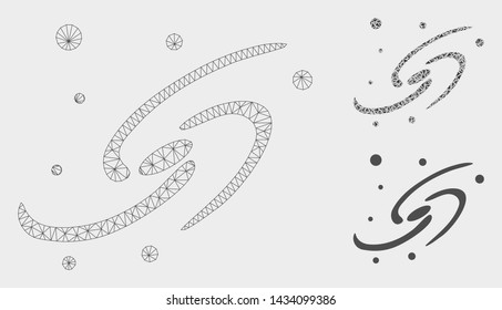 Mesh galaxy model with triangle mosaic icon. Wire frame polygonal network of galaxy. Vector mosaic of triangle parts in various sizes, and color tints. Abstract 2d mesh galaxy,