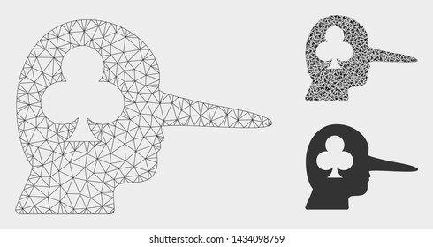 Mesh gambling jerk model with triangle mosaic icon. Wire frame polygonal mesh of gambling jerk. Vector composition of triangle parts in different sizes, and color tints.