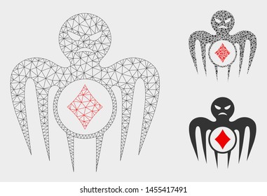 Mesh gambling spectre monster model with triangle mosaic icon. Wire frame polygonal network of gambling spectre monster. Vector composition of triangle elements in variable sizes, and color tints.