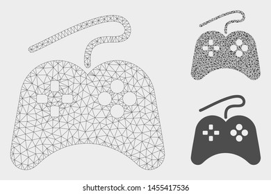 Mesh gamepad model with triangle mosaic icon. Wire carcass polygonal mesh of gamepad. Vector mosaic of triangle elements in variable sizes, and color tinges. Abstract 2d mesh gamepad,