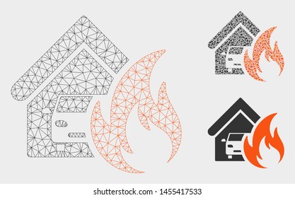 Mesh garage fire disaster model with triangle mosaic icon. Wire carcass triangular mesh of garage fire disaster. Vector mosaic of triangle parts in various sizes, and color tinges.