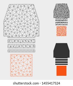 Mesh gas burner nozzle model with triangle mosaic icon. Wire carcass triangular mesh of gas burner nozzle. Vector composition of triangle parts in different sizes, and color tinges.