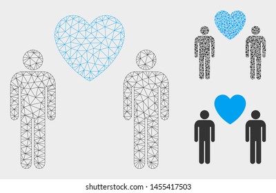 Mesh gay lovers model with triangle mosaic icon. Wire carcass triangular mesh of gay lovers. Vector mosaic of triangle elements in various sizes, and color tints. Abstract 2d mesh gay lovers,