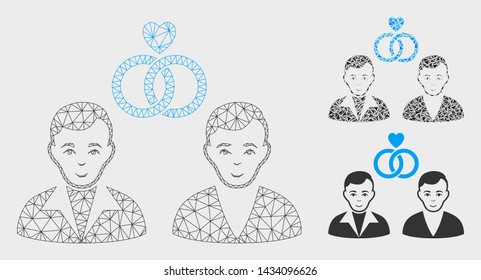 Mesh gays marriage model with triangle mosaic icon. Wire carcass triangular mesh of gays marriage. Vector mosaic of triangle elements in different sizes, and color tones.
