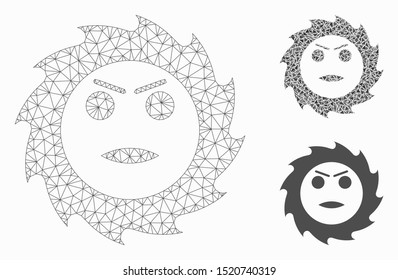 Mesh gear angry smiley model with triangle mosaic icon. Wire carcass polygonal mesh of gear angry smiley. Vector mosaic of triangle parts in variable sizes, and color tinges.