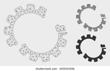 Mesh gear crash model with triangle mosaic icon. Wire frame triangular network of gear crash. Vector mosaic of triangles in different sizes, and color tints. Abstract flat mesh gear crash,